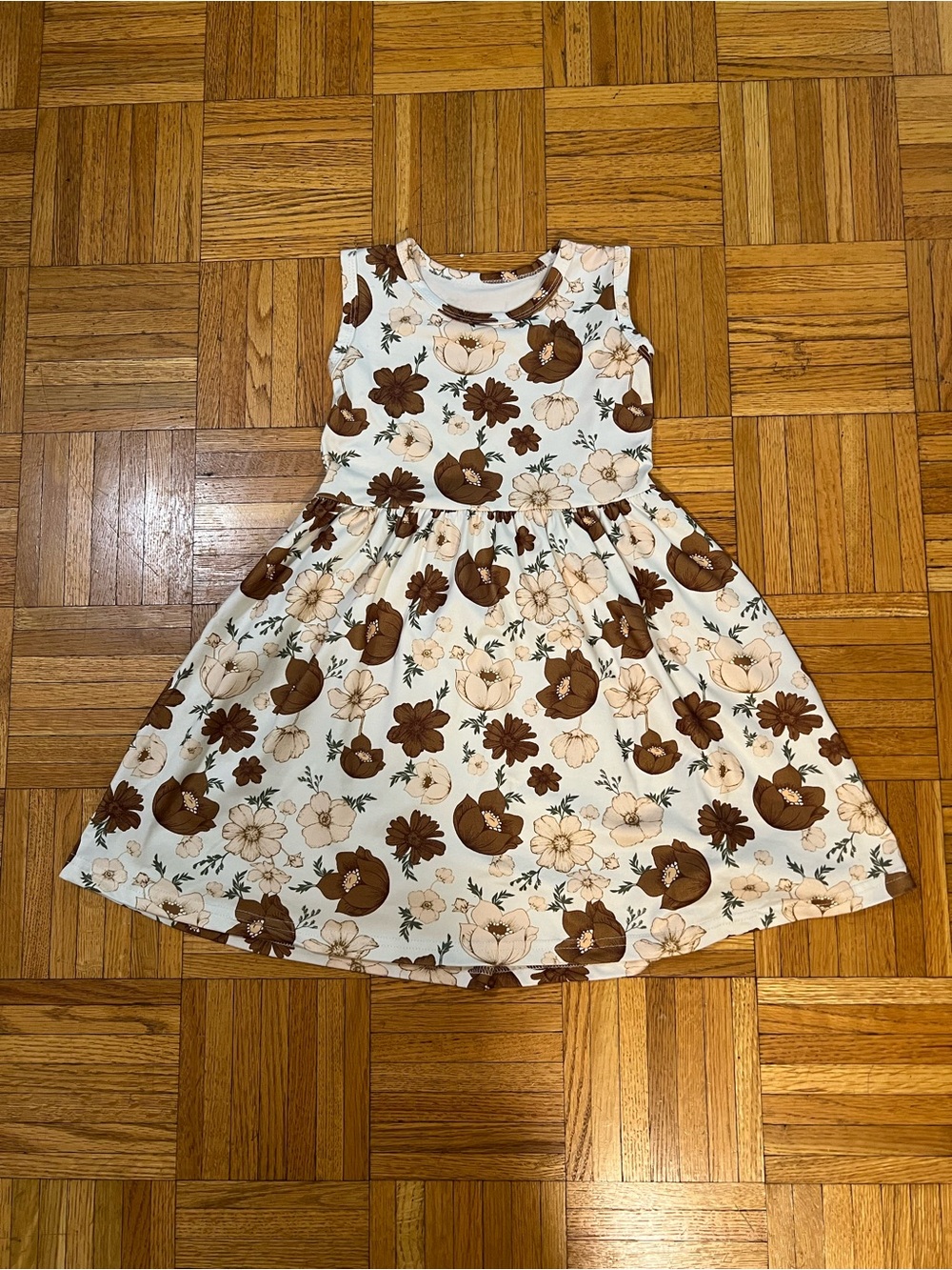 Sunday Best in this Sleeveless Floral Twirl Dress in Cream and Brown size 5 year